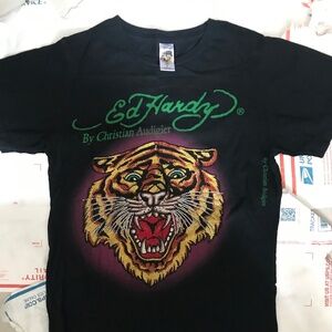 Men’s Ed Hardy Black Y2K Short Sleeve T-Shirt Tiger Rhinestones Size Small